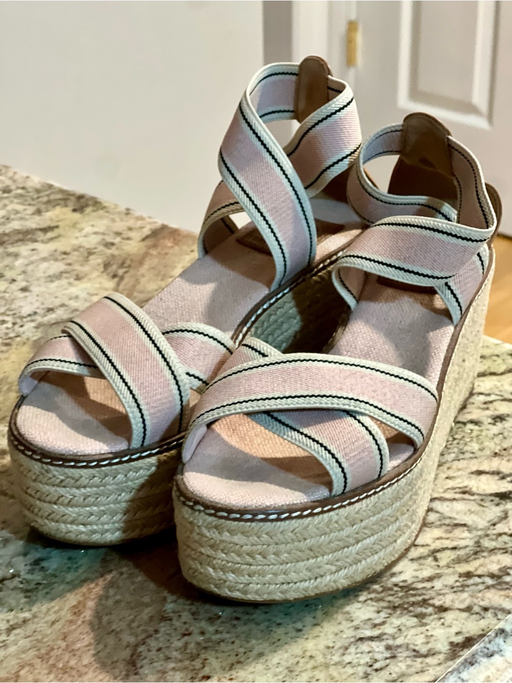 Tory Burch Pink Striped Platform Espadrille Sandals 8
